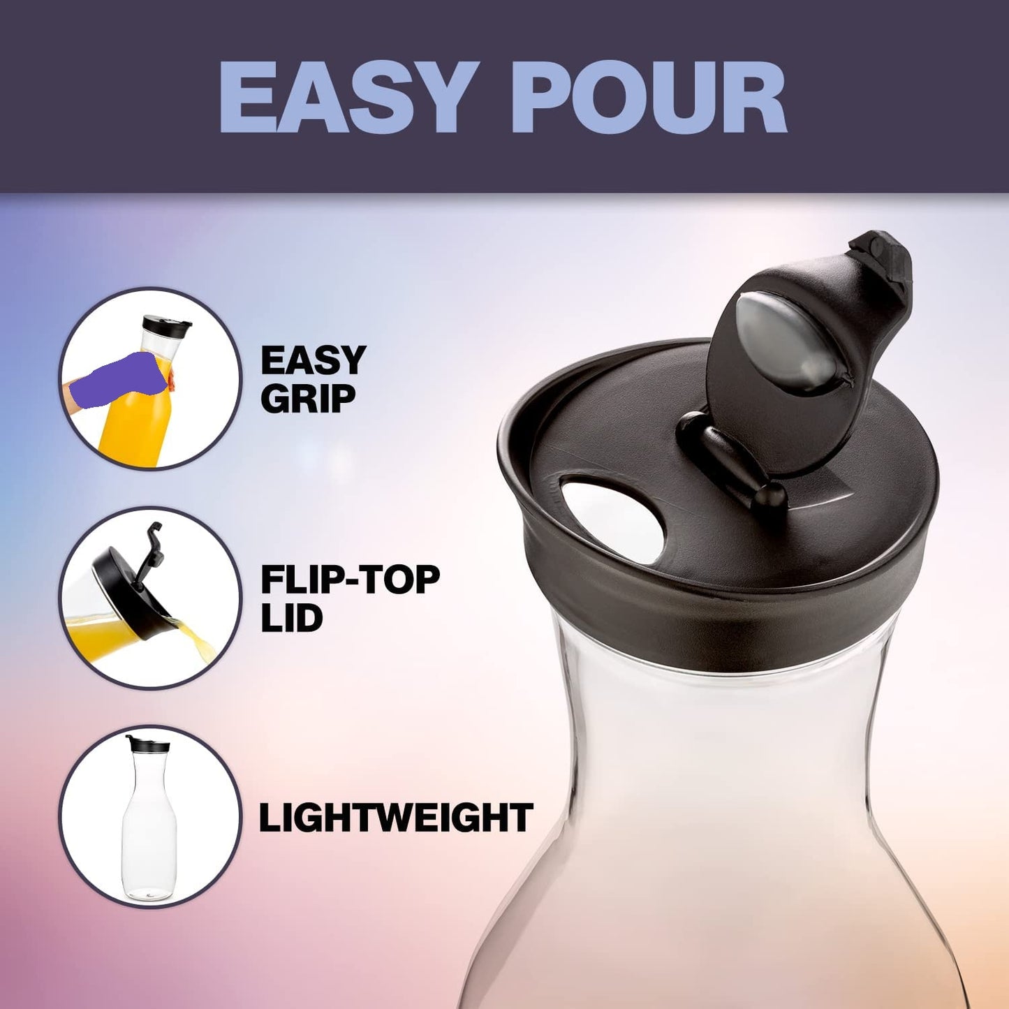 Umien 50 Oz Spill-proof Round Water Carafe with Flip Top Lid - Wide Round