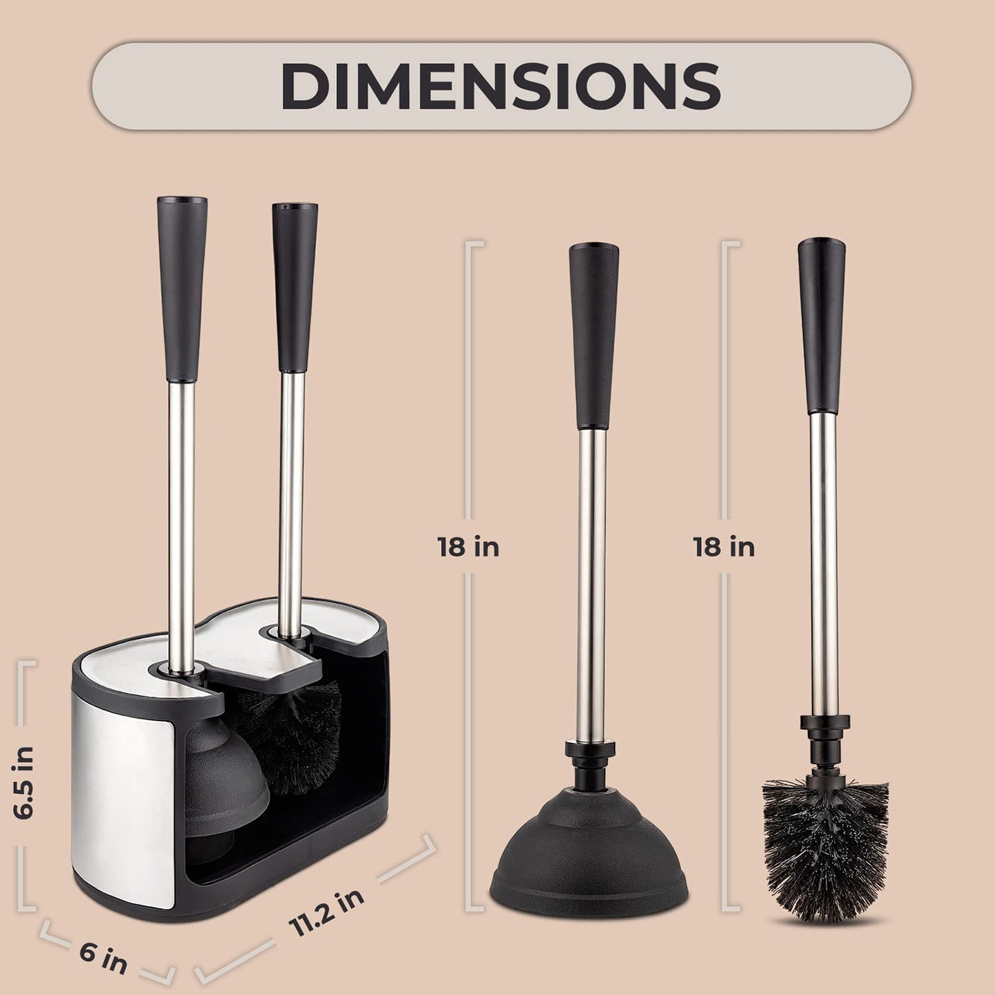 Toilet Brush and Plunger Set - Stainless Steel Plunger and Toilet Brush Combo with Freestanding Canister - Modern and Sleek Bathroom Cleaning Accessories