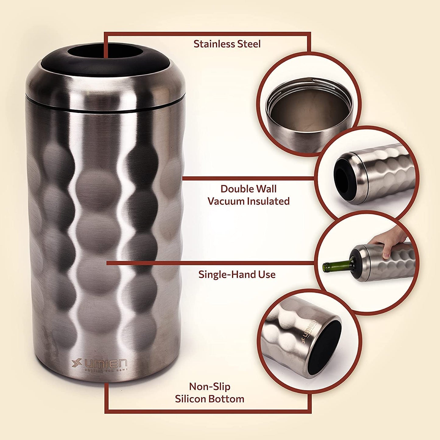 UMIEN Premium Wine Bottle Chiller - Double Walled, Vacuum Insulated Wine Cooler for Most 750mL Champagne and Wine Bottles - Iceless Wine Chiller with Up To 6 Hours Cold Temperature Retention