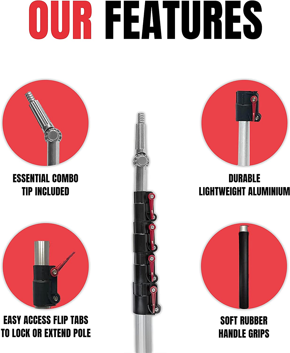 6-24 Foot Telescopic Extension Pole - Multi Purpose Pole, Paint Roller, Light Bulb Changer, Duster Pole, Antenna Pole, Hanging Lights, Window, Gutter Cleaning - New Metal Tip Design - Free Duster Incl