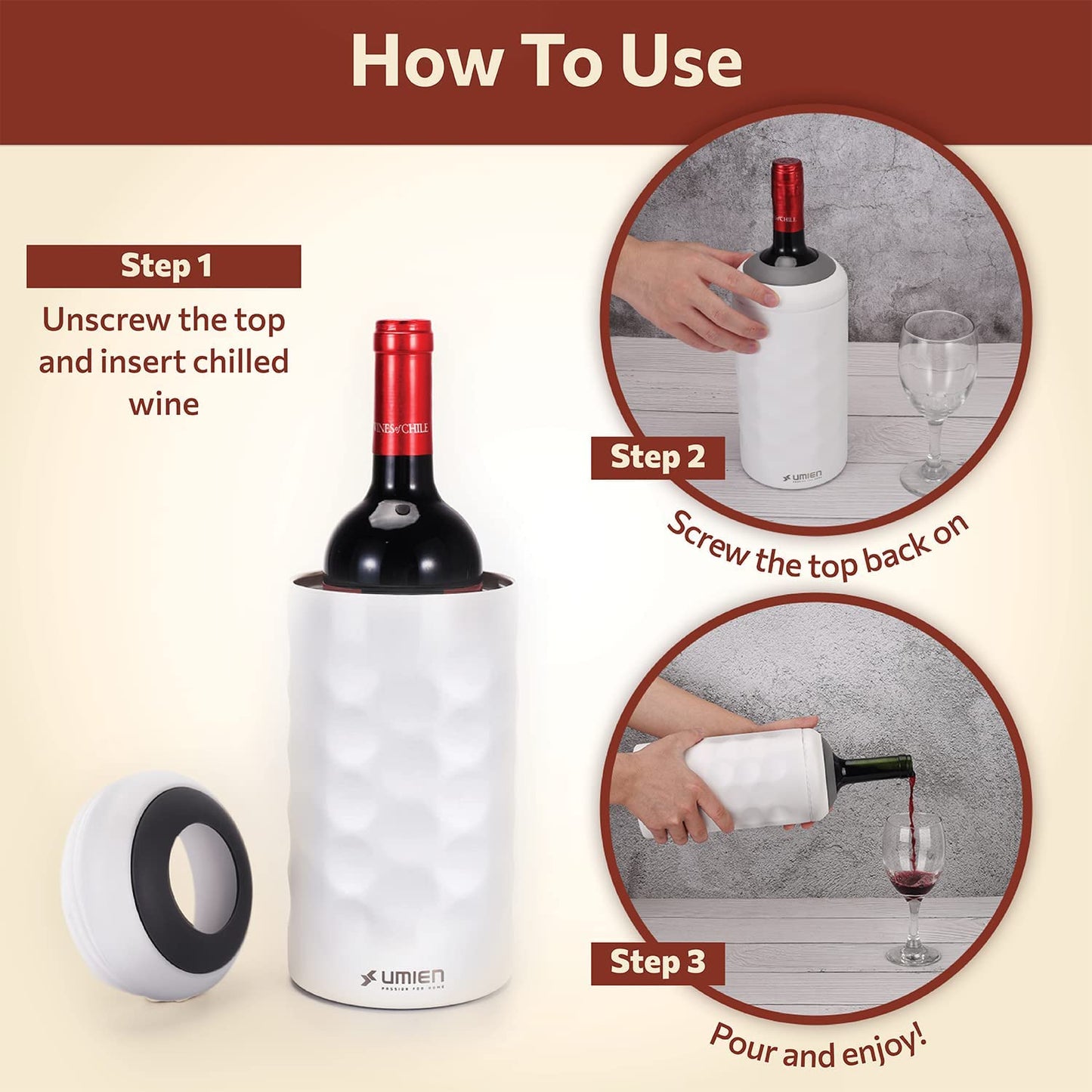 UMIEN Premium Wine Bottle Chiller - Double Walled, Vacuum Insulated Wine Cooler for Most 750mL Champagne and Wine Bottles - Iceless Wine Chiller with Up To 6 Hours Cold Temperature Retention