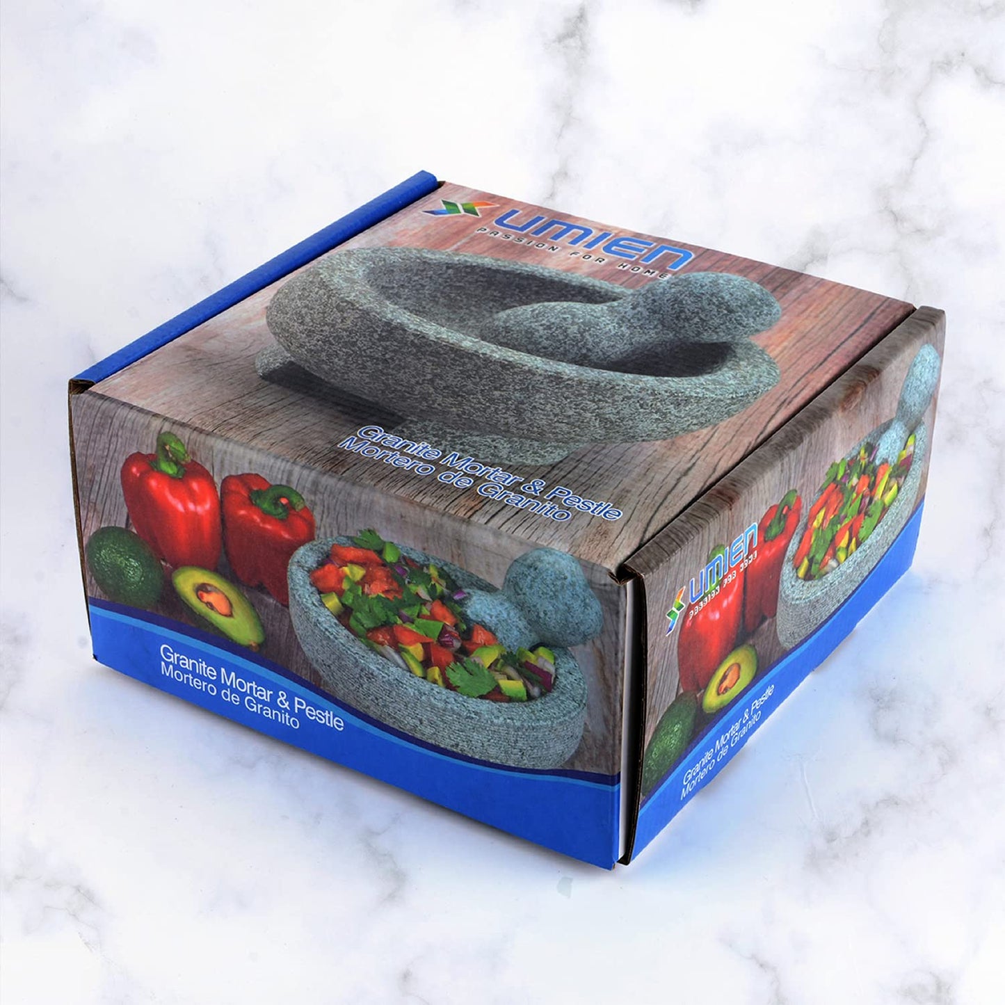 Granite Mortar and Pestle Set Guacamole Bowl Molcajete 8 Inch - Natural Stone Grinder for Spices, Seasonings, Pastes, Pestos and Guacamole - Extra Bonus Avocado Tool Included