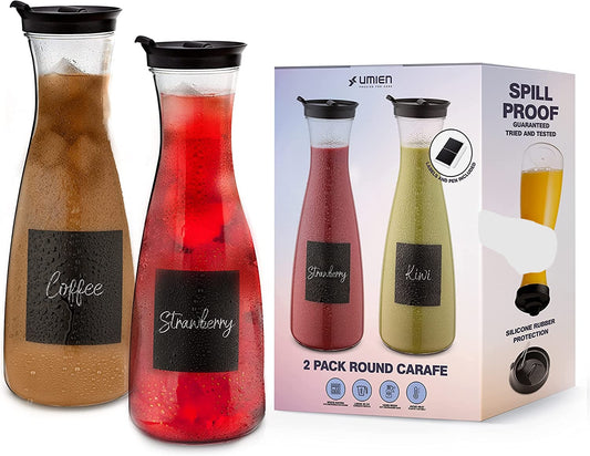 Umien 50 Oz Spill-proof Wide Round Water Carafe with Flip Top Lid, Clear Plastic Pitcher for Water, Milk, Iced Tea - Drink Containers for Fridge - BPA-Free (Round)