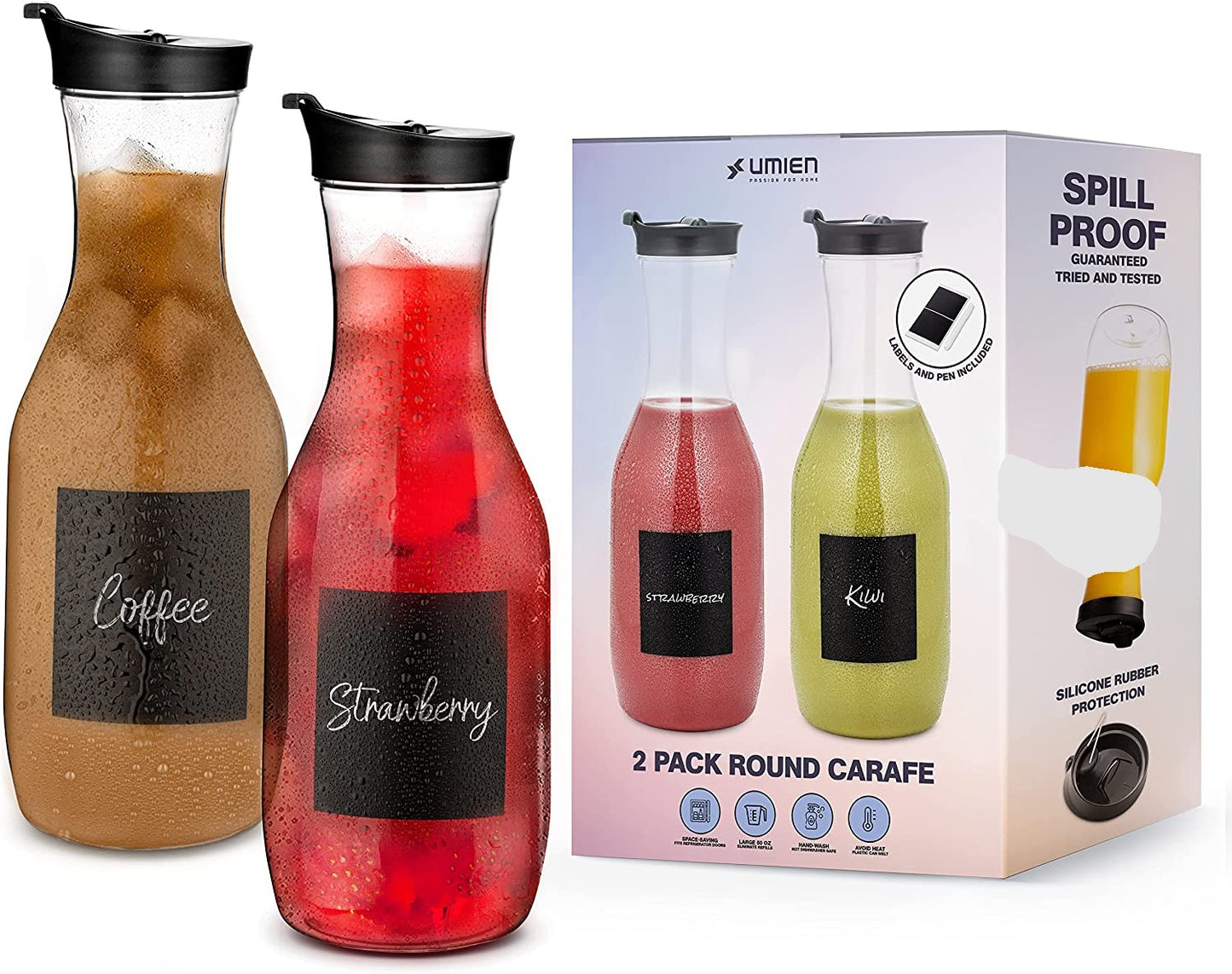 Umien 50 Oz Spill-proof Round Water Carafe with Flip Top Lid - Wide Round