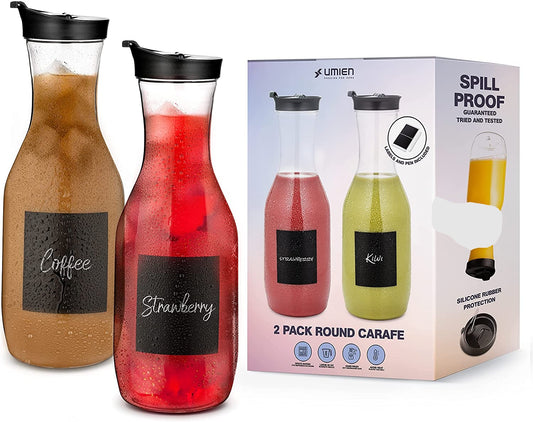 Umien 50 Oz Spill-proof Round Water Carafe with Flip Top Lid - Wide Round