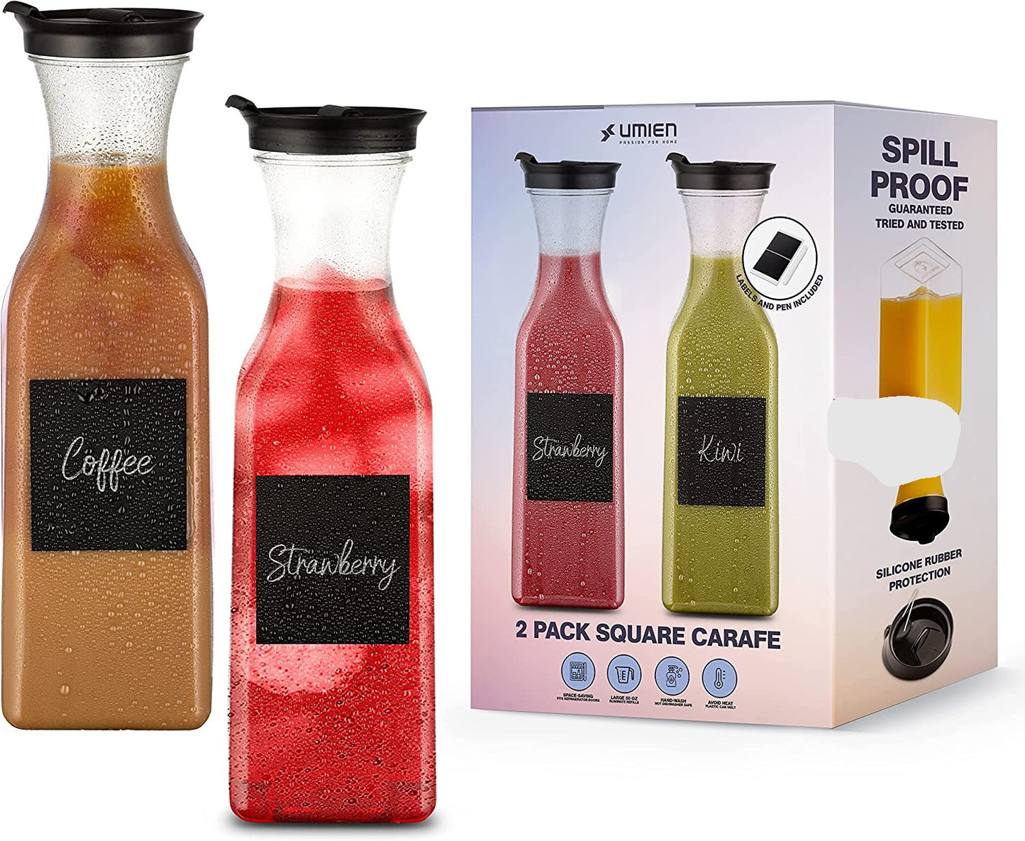 Umien 50 Oz Spill-proof Wide Round Water Carafe with Flip Top Lid, Clear Plastic Pitcher for Water, Milk, Iced Tea - Drink Containers for Fridge - BPA-Free (Square)