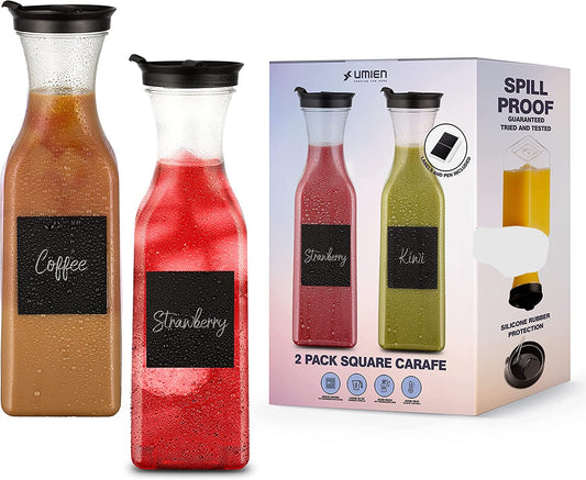 Umien 50 Oz Spill-proof Wide Round Water Carafe with Flip Top Lid, Clear Plastic Pitcher for Water, Milk, Iced Tea - Drink Containers for Fridge - BPA-Free (Square)