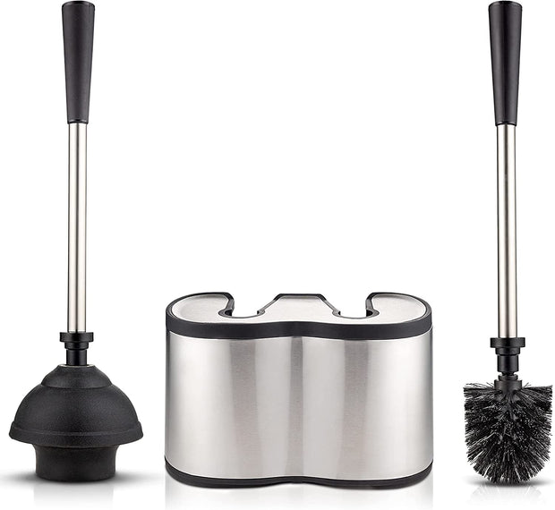 Toilet Brush and Plunger Set - Stainless Steel Plunger and Toilet Brush Combo with Freestanding Canister - Modern and Sleek Bathroom Cleaning Accessories