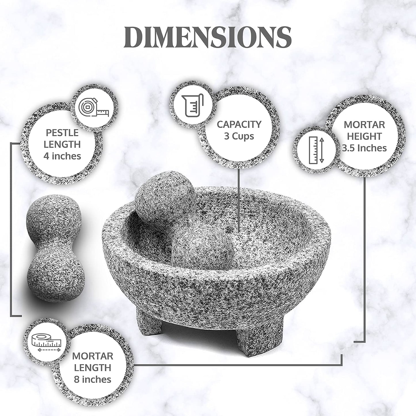 Granite Mortar and Pestle Set Guacamole Bowl Molcajete 8 Inch - Natural Stone Grinder for Spices, Seasonings, Pastes, Pestos and Guacamole - Extra Bonus Avocado Tool Included