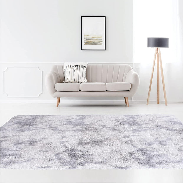 Tie Dye Shaggy 5x7 Light Grey Area Rug - Fluffy Area Rug for Living Room, Bedroom, and Nursery - Plush Faux Fur Carpet for Modern Home Decor and Room Aesthetic